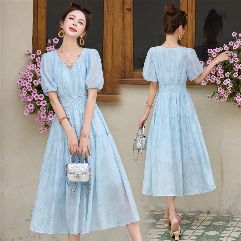 法式蓝色V领高腰A字中长裙子女装2025夏季新款显瘦收腰短袖连衣裙，女装连衣裙，布芭啦