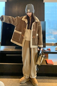 短款牛角扣皮毛一体麂皮绒外套女冬季新款韩系复古小个子短款棉服图片