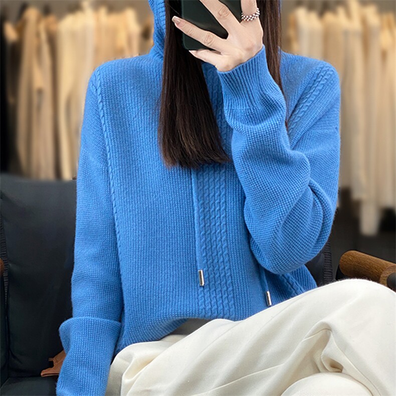 卫衣女2024新款爆款连帽针织衫女带帽毛衣上衣慵懒风宽松休闲外套,女装羊毛衫,莺澜羊绒