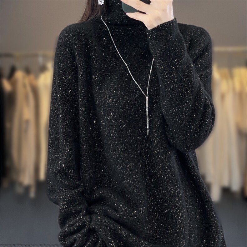高领100%纯羊毛衫女中长款亮丝针织毛衣秋冬宽松慵懒风打底羊绒衫,女装羊毛衫,迅太羊绒