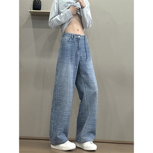 蓝色提花格子牛仔裤男士早秋穿搭美式vibe裤子宽松直筒抽绳休闲裤图片
