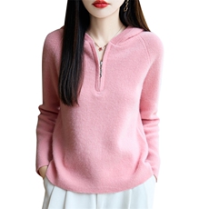 半拉链帽衫女100纯羊毛针织衫欧货高端连帽厚打底卫衣显瘦毛衣，女装针织衫/毛衣，昭美羊绒