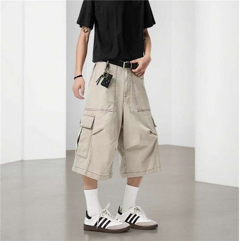 美式工装七分裤子男女夏季2025新款宽松直筒短裤过膝伞兵休闲裤子，男装牛仔裤，电商A306-2