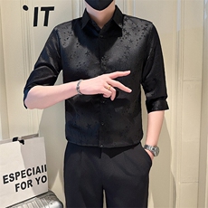店主风社会小伙男纯色花泡七分袖衬衫男上衣301A-1/CS561/P55，男装衬衫，星座301A-1