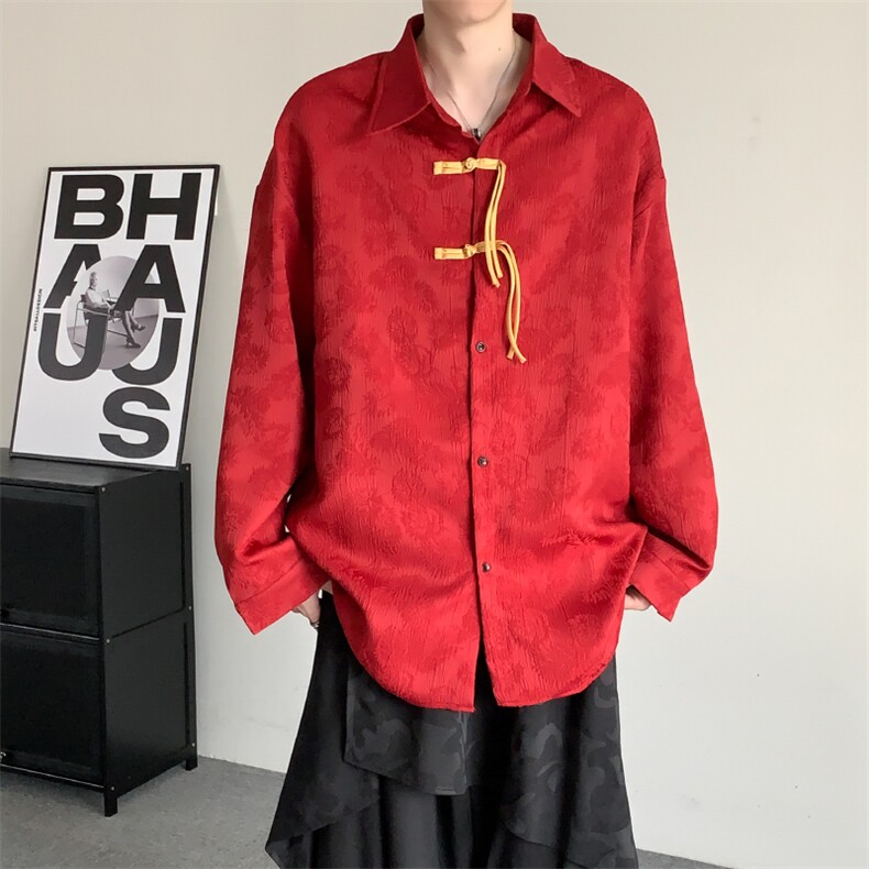新中式男装中国风树叶提花衬衫男款秋季长袖外套大码盘扣唐装衬衣,男装衬衫,星座909-2（原星座717-2）