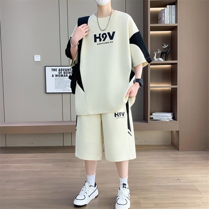 港风套装男休闲宽松时尚拼接色圆领短袖T恤短裤两件套-TZ1718-P57,男装牛仔裤,星座310B-3