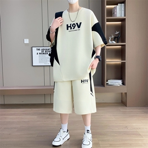 港风套装男休闲宽松时尚拼接色圆领短袖T恤短裤两件套-TZ1718-P57图片