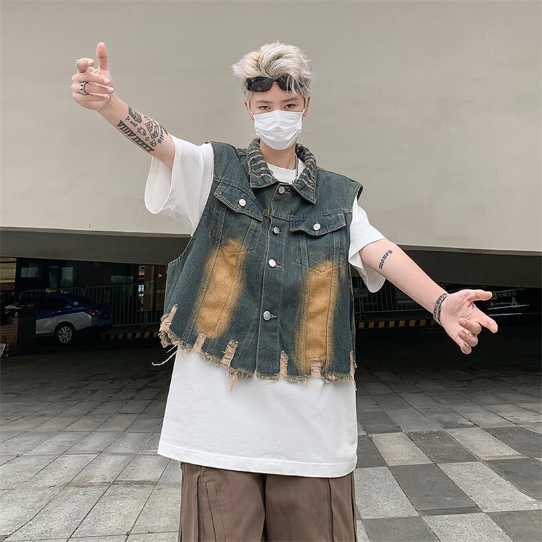 破洞毛边短款牛仔马甲男款水洗无袖坎肩背心美式潮牌工装外套,男装背心/马甲,星座410-7