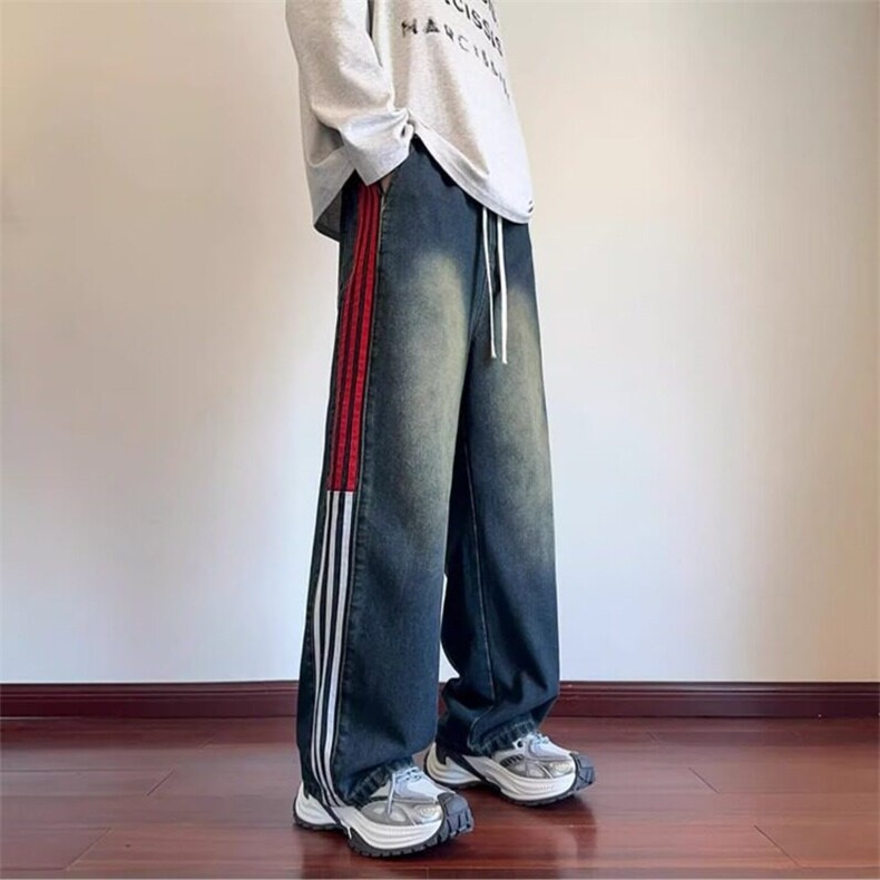 美式条纹牛仔裤男生秋季校园风拼接设计直筒弯刀裤宽松大码阔腿裤,男装牛仔裤,星座1001-1