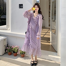 绝美紫色木耳边波点连衣裙女2025夏季新款韩系温柔风宽松v领长裙，女装连衣裙，2C272