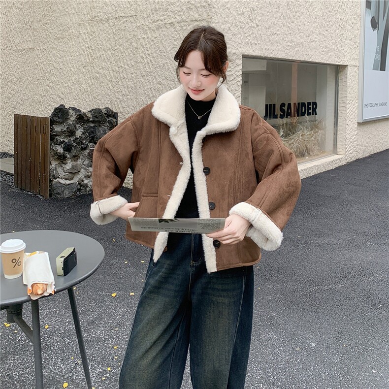 卡其色麂皮绒羊羔毛加厚保暖棉服H8356P185K278,女装棉衣/棉服,红龙果