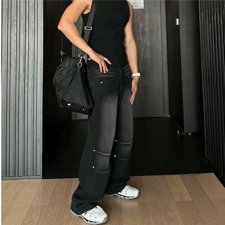 美式水洗做旧直筒牛仔裤女春秋季新款拼接工装裤宽松显瘦阔腿裤子,男装牛仔裤,星座218-1（原230）