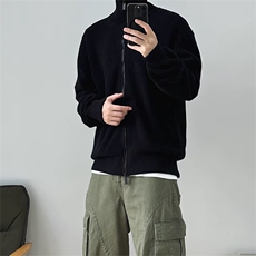 抖音得物保暖立领拉链针织外套秋冬宽松慵懒风纯色毛衣上衣AM02，男装针织衫/毛衣，电商A443