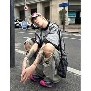 小众设计师款男装假两件网纱短袖夏季潮牌痞帅高级感t恤 T522图片