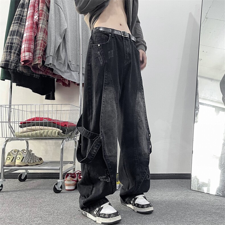 牛仔裤男款港风潮牌ins水洗复古美式宽松直筒阔腿长裤子N410-P53,男装牛仔裤,星座308B-2