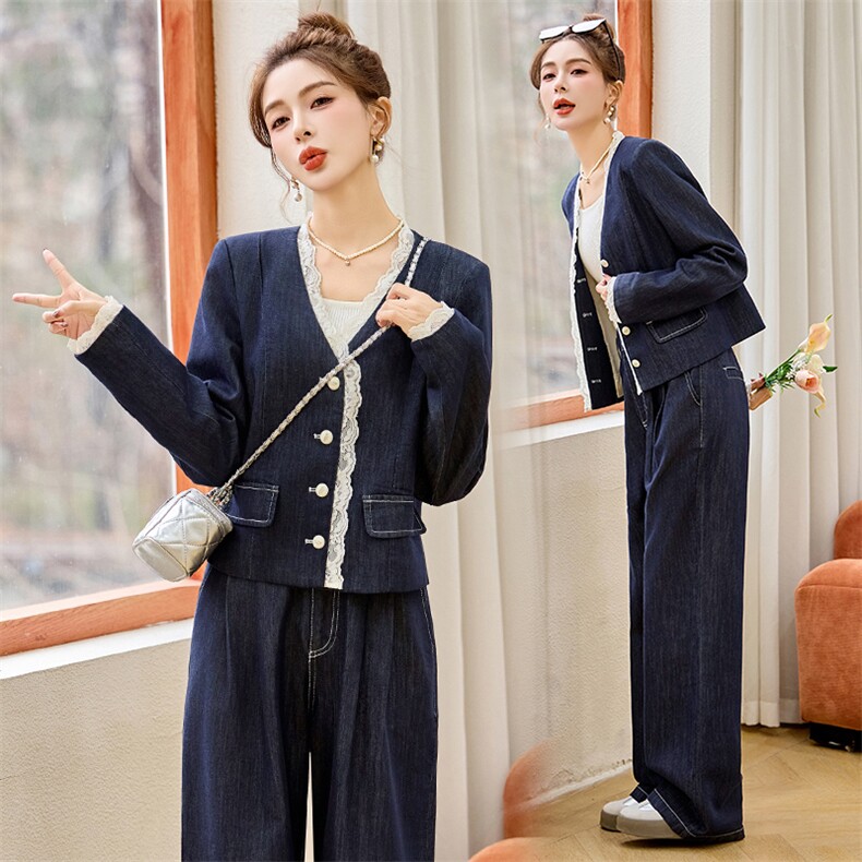 2025春季新款韩系高级感蕾丝拼接牛仔短外套高腰阔腿裤两件套装女，女装套装/套裙，伊仟回