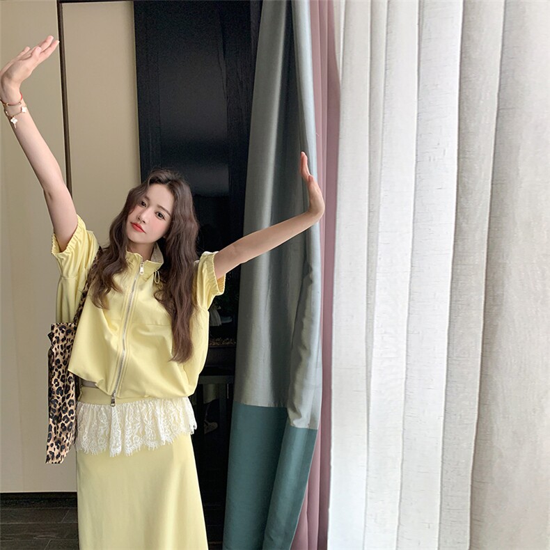 黄色蕾丝拼接套装裙女2025夏季新款韩系穿搭上衣半身长裙两件套,女装套装/套裙,2C129