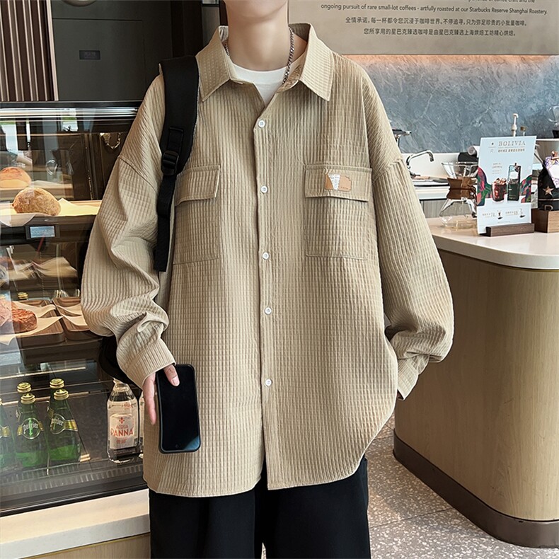 A775-P36新款百搭华夫格外套男潮流宽松长袖衬衫日系休闲衬衣服,男装衬衫,星座512-6