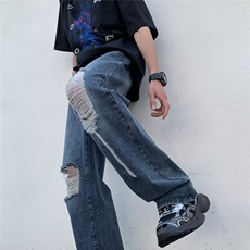 美式街头破洞牛仔裤男直筒宽松欧美高街vibe风长裤子N08034-P45，男装牛仔裤，星座308B-1