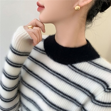 减龄撞色条纹~软糯小山羊绒衫女半高领长袖保暖修身针织打底毛衣，女装羊毛衫，拓驰羊绒