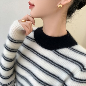 减龄撞色条纹~软糯小山羊绒衫女半高领长袖保暖修身针织打底毛衣图片