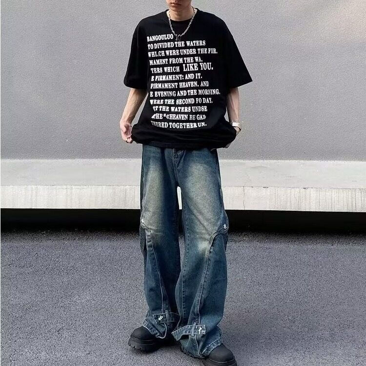 现货美式高街做旧水洗重工拼接牛仔裤男设计直筒长裤LN8655-p62,男装牛仔裤,星座1008