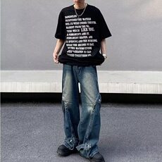 现货美式高街做旧水洗重工拼接牛仔裤男设计直筒长裤LN8655-p62，男装牛仔裤，星座1008