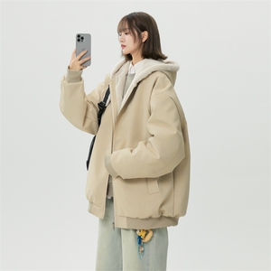 PY242/P95座山雕座山雕加绒PU皮男女同款连帽宽松棉衣图片