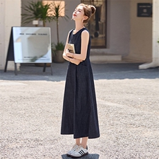 薄款无袖牛仔连衣裙女2025夏季新款高腰显瘦休闲气质A字背心长裙，女装连衣裙，韩宇舍