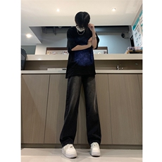 现货24春夏渐变复古蓝黑色宽松直筒阔腿牛仔裤男K5806-P50，男装牛仔裤，星座205