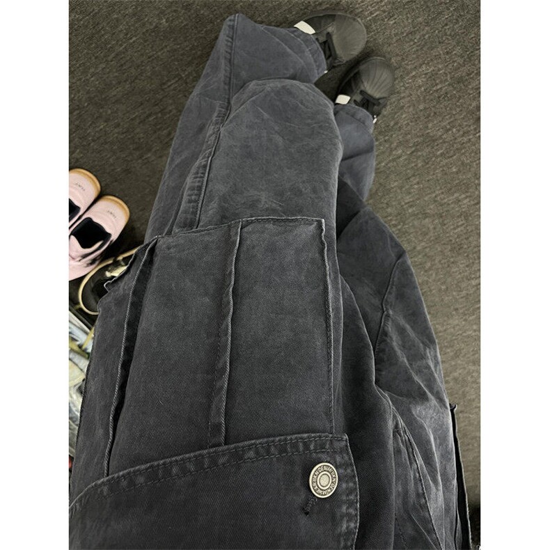 美式复古做旧灰色褶皱微喇工装裤男款高级感宽松牛仔裤子 NG169图片