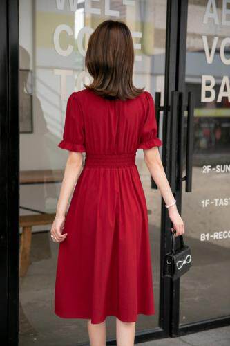 夏季新款韩版红色淑女爱心连衣裙，女装连衣裙，水锦红