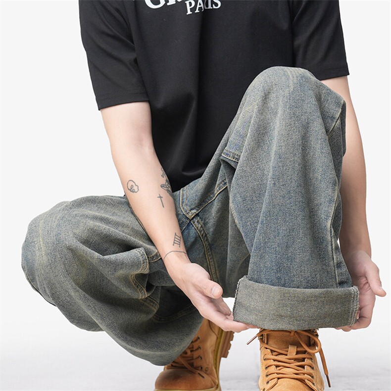 wassup happy水洗牛仔裤男春秋夏季2025新款潮牌美式阔腿休闲裤子图片