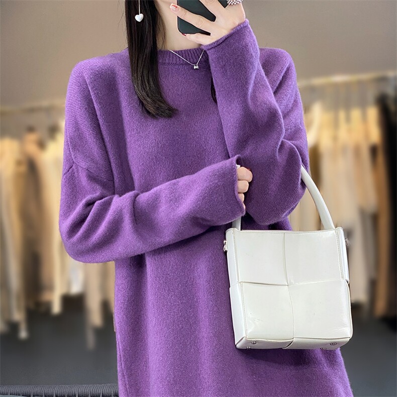 羊毛衫秋冬新款针织连衣裙女圆领中长款宽松打底毛衣裙,女装羊毛衫,宋氏羊绒
