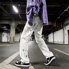美式高街泼墨牛仔裤男hiphop小众设计感裤子NK111P42图片