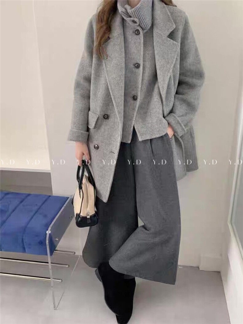 冬上新！【依嘟】羊毛外套+马甲两件套秋冬新款小个子宽松休闲套,女装双面呢大衣,依嘟服饰