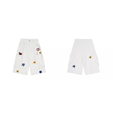 星星毛巾绣工装七分裤女美式嘻哈褶皱多口袋阔腿红色短裤，女装休闲裤，星座1210-1