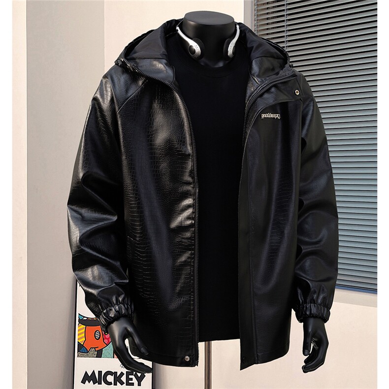 港风模特连帽鳄鱼纹PU皮衣大码M-5XL冲锋衣夹克男JK8744P90控128，男装皮衣，星座227-7