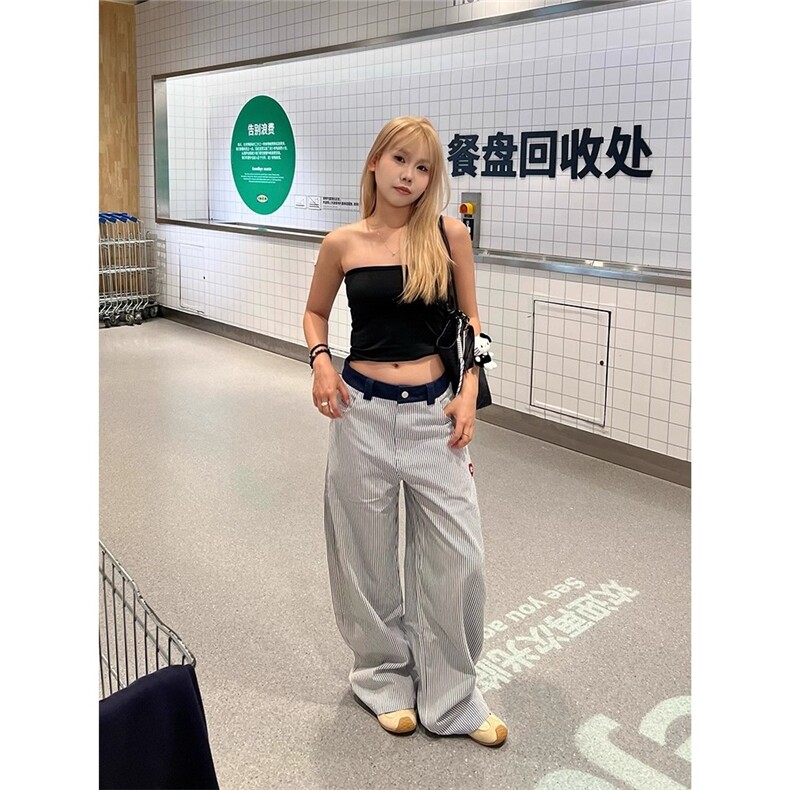 美式原创爱心刺绣竖条纹休闲裤男女松弛街舞直筒宽松百搭裤子,女装休闲裤,星座1210-1