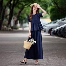 春夏设计感捏褶泡泡袖气质减龄短袖上衣阔腿裤休闲通勤套装女，女装套装/套裙，水衣源