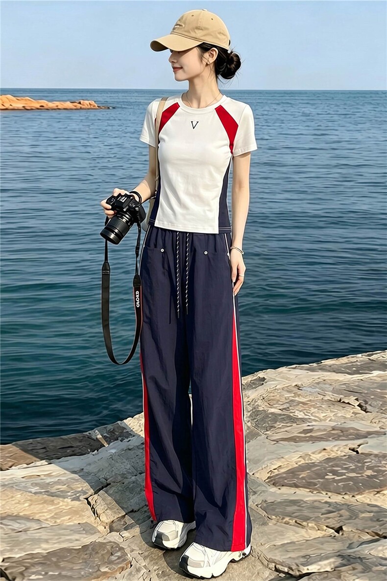 潮流时尚休闲运动套装女夏季新款显瘦竖纹圆领短袖上衣长裤两件套,女装套装/套裙,江南