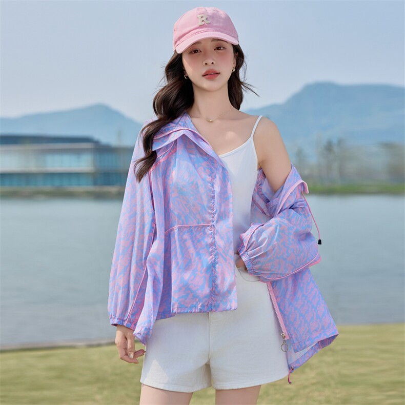 时尚连帽宽松印花防晒衣女2025夏季新款休闲百搭超好看防晒服外套,女装防晒衣,悦祺