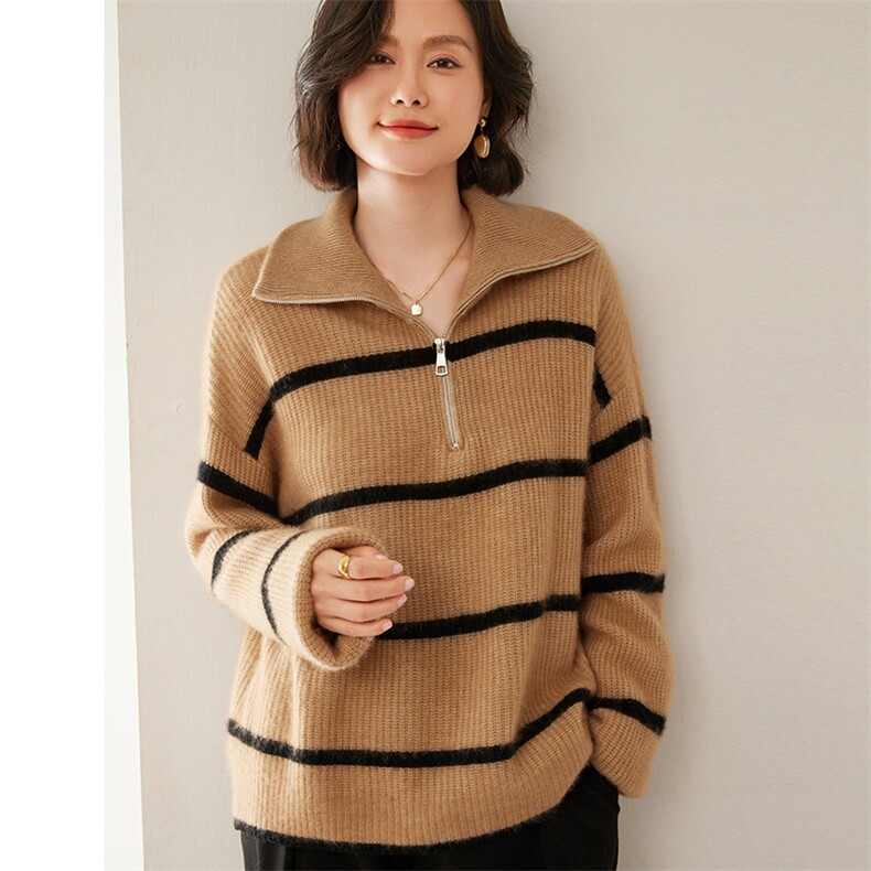 加厚半拉链翻领山羊绒衫女100羊绒24秋冬高领条纹大码针织毛衣图片