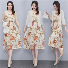 现货雪纺连衣裙早春款女装2023年新款时尚洋气妈妈两件套装裙子夏，女装套装/套裙，琦鑫阁（原依鑫阁）