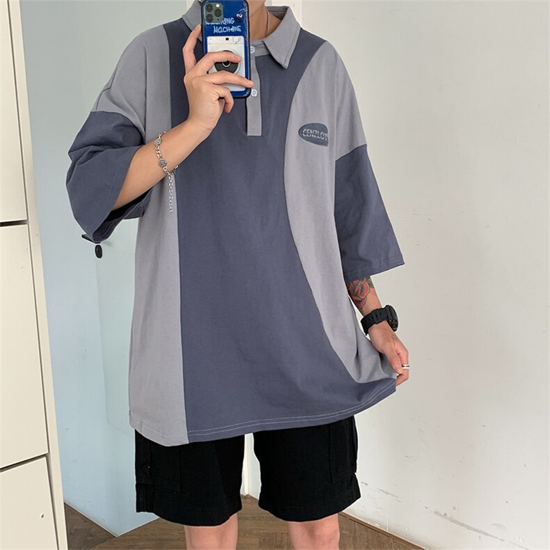 韩版夏季港风ins个性情侣拼接撞色Polo衫五分袖T恤男衫 T527-P30图片