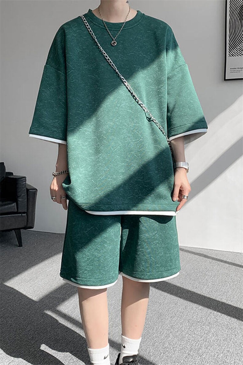 TZ775-特P50控88新款撞色拼接假2件套装短袖短裤T恤大码百搭,男装休闲套装,电商A059