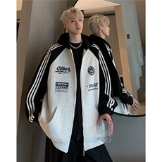 360克重磅条纹开衫卫衣男春秋季拼色复古休闲连帽外套JK109-P78，女装短外套，电商C307A