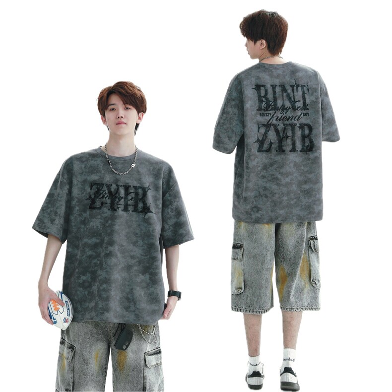 新品潮牌脏脏扎染麂皮绒短袖烧花现货2万＋B210-ZRT19,男装T恤,电商B210