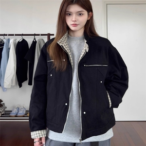 JK8569-P76美式覆古格纹工装夹克男女秋季cleanfit百搭宽松立领