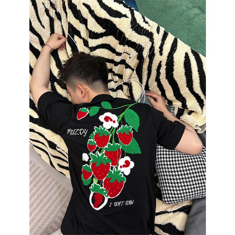 网图有货 夏季美式高街草莓刺绣情侣短袖纯棉宽松t恤男女A463-P38图片